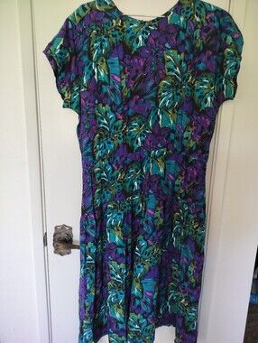 Vintage 80s Luci Fellini Tropical Leaf Dress Jewel Tone Teal & Purple, Size XL